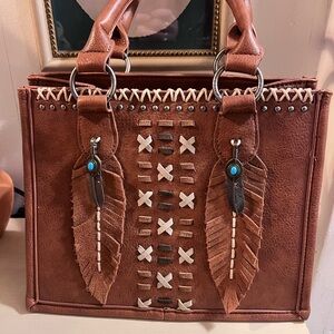 Brown Leather Montana West Purse with Feather Accents